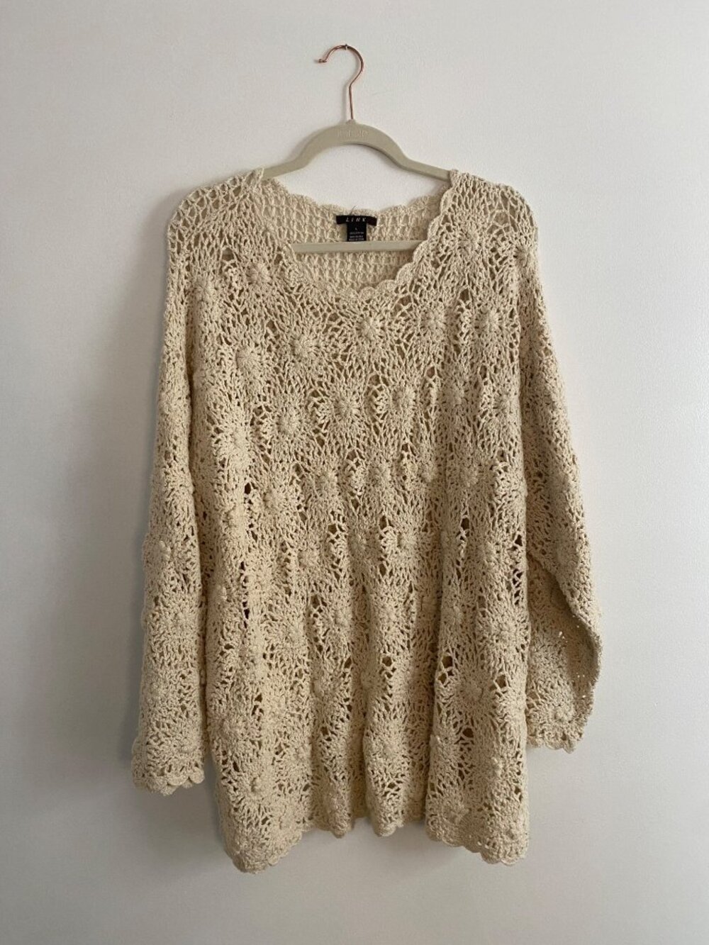 Beige Crochet Knit Sweater By Link 100% Cotton Oversized Fit Women’s Size L
